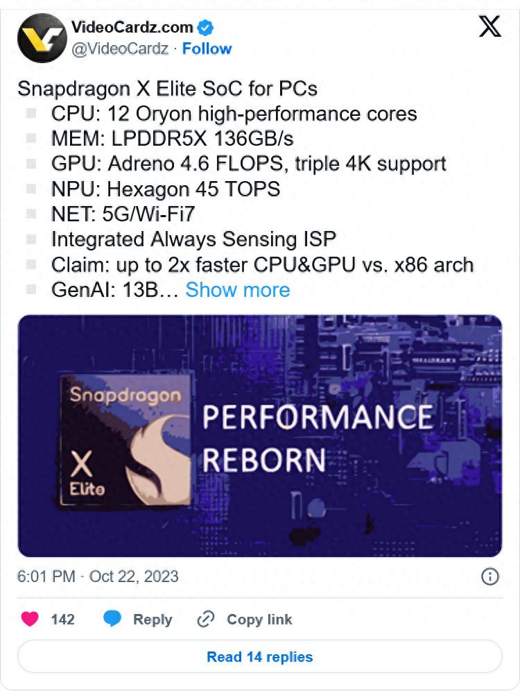 Snapdragon X Elite规格泄露：12 Oryon 核心、CPU/GPU速度对比x86翻倍