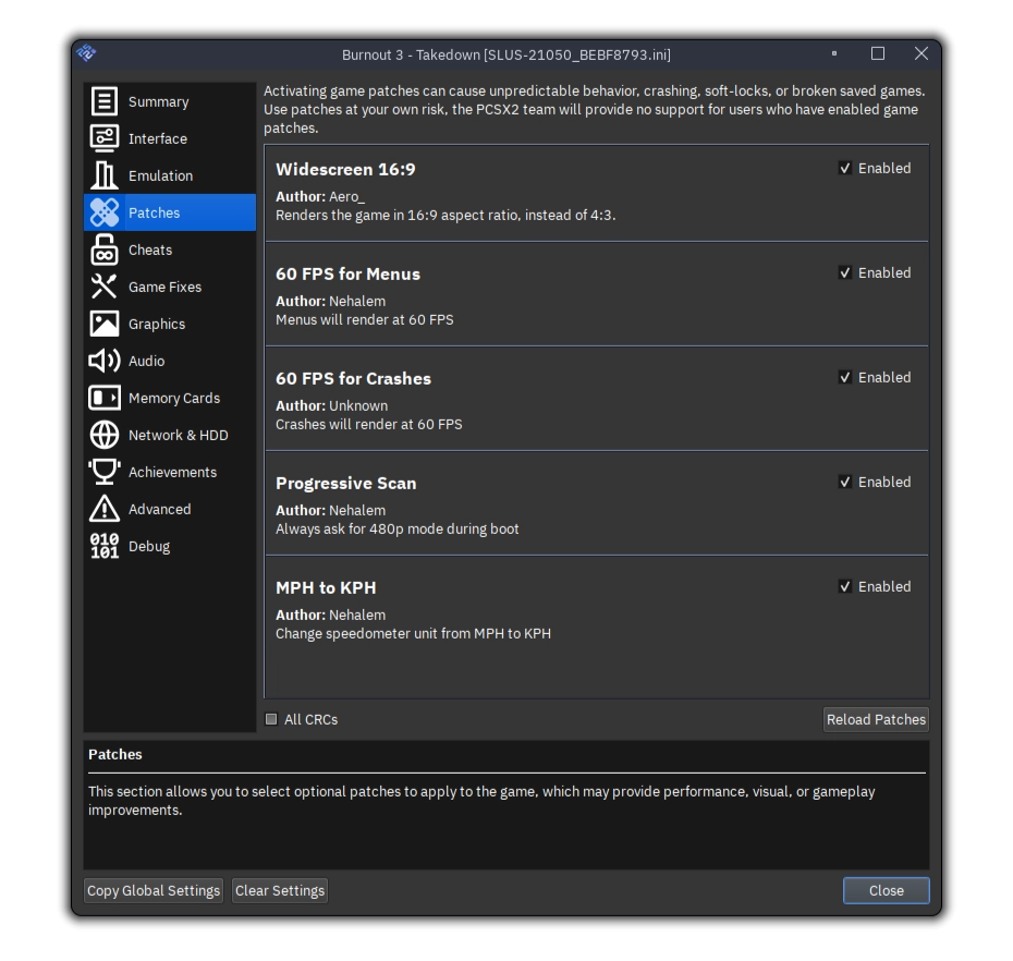 PCSX2 Patches 补丁功能