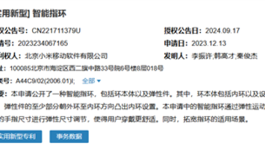 小米获智能指环新专利：尺寸随手指大小自动调节