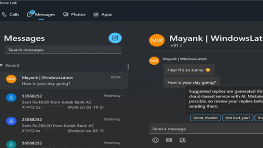 微软升级Win11版Phone Link应用：PC上AI回复安卓手机短信
