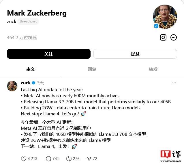扎克伯格:Meta AI 全球月活跃用户逼近 6 亿 扎克伯格:Meta AI 全球月活跃用户逼近 6 亿