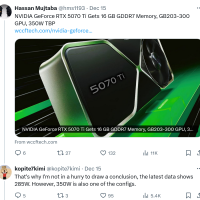 英伟达 RTX 5070 Ti 显卡被曝配 16GB 显存，功耗可能为 285W 或 350W