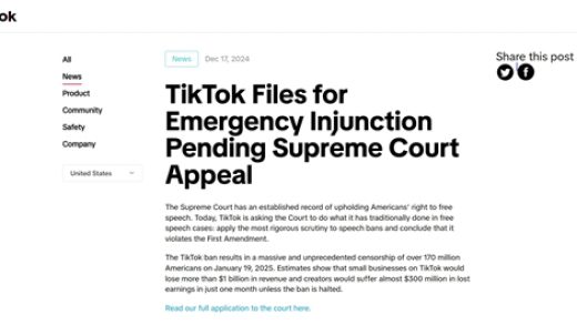 TikTok最后一搏：请求美国最高法院阻止禁令 周受资与特朗普会面