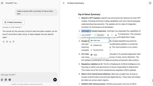 OpenAI ChatGPT Canvas 进化：React 渲染和文本格式化工具即将来袭