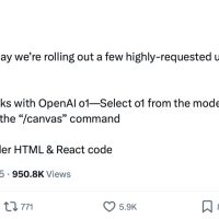OpenAI 更新 ChatGPT Canvas 写作工具：上线 o1 模型、新增支持渲染 HTML / React 代码