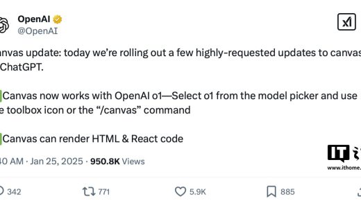 OpenAI 更新 ChatGPT Canvas 写作工具：上线 o1 模型、新增支持渲染 HTML / React 代码