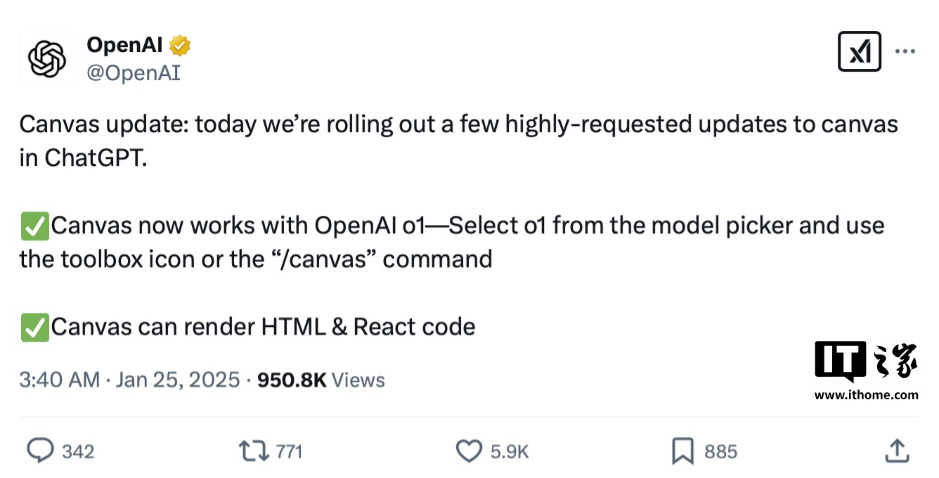 OpenAI 更新 ChatGPT Canvas 写作工具：上线 o1 模型、新增支持渲染 HTML / React 代码