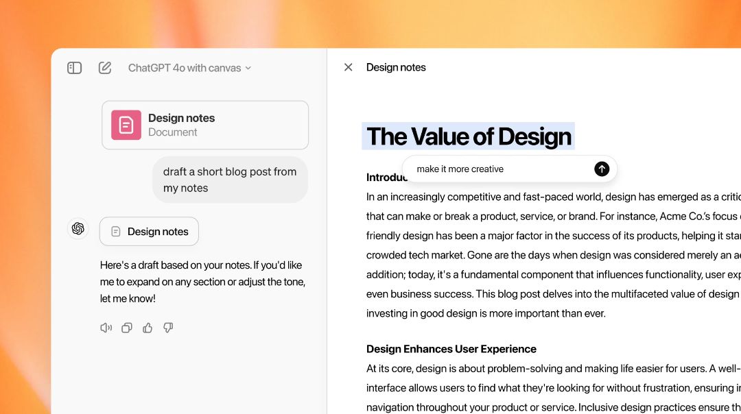 OpenAI 更新 ChatGPT Canvas 写作工具：上线 o1 模型、新增支持渲染 HTML / React 代码