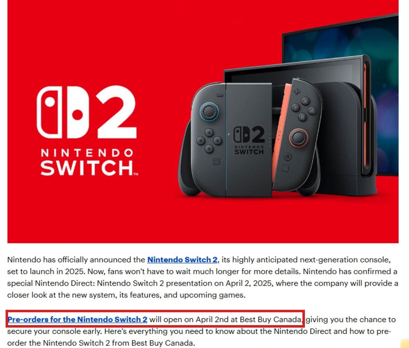 任天堂 Switch 2 游戏掌机被曝 4 月 2 日开启预购