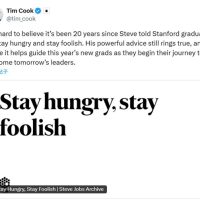 乔布斯的名言“求知若渴 虚心若愚”广泛流传 库克：20年过去 至今振聋发聩