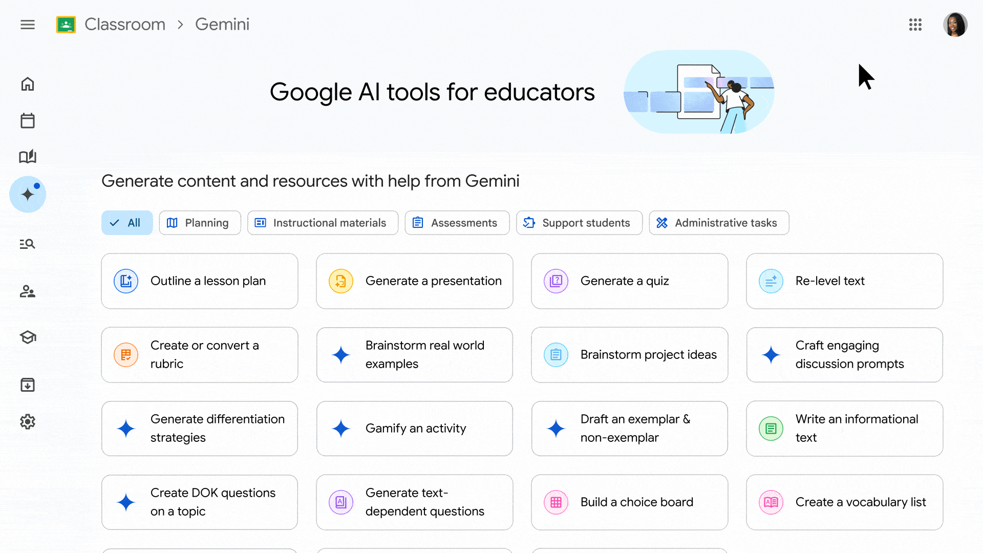 用户滚动浏览 Google Classroom 的 Gemini 标签的动画 GIF。