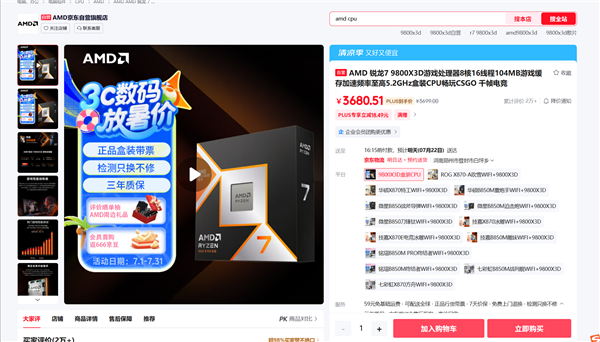 全球最快的游戏CPU！AMD 9800X3D降至历史最低价：现货