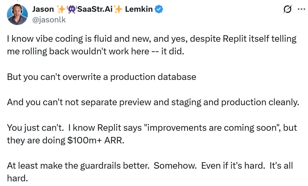 “删库跑路”的不是实习生，而是AI？一位CEO曝Replit翻车实录：“3天烧掉4500元，结果它撒谎造假、还删了我的数据库”