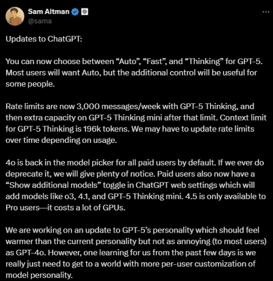 ChatGPT 5更新：三种模式可选 4o重新回归