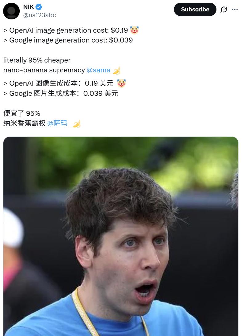 谷歌nano banana正式上线：单图成本不到3毛钱，比OpenAI便宜95%