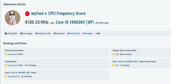 太疯狂了!i9-14900KF超频至9.13GHz新世界记录:来自中国大神