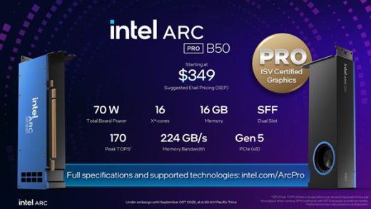 Intel专业显卡锐炫Pro B50正式发布！售价349美元