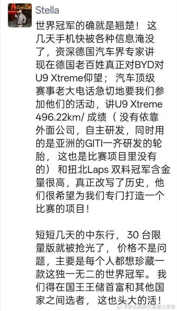 比亚迪总裁:仰望U9X中东走一圈直接卖光 国王、首富、王储抢着要