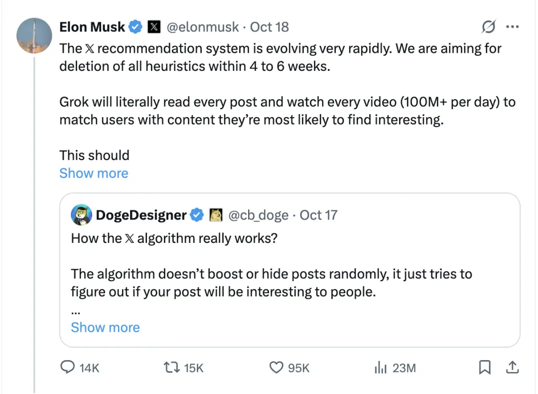马斯克要让Grok全面接管X 彻底剔除人类规则推荐算法
