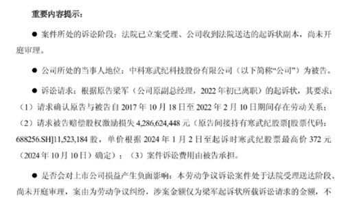 寒武纪前CTO梁军起诉索赔43亿元 寒武纪：将积极应诉