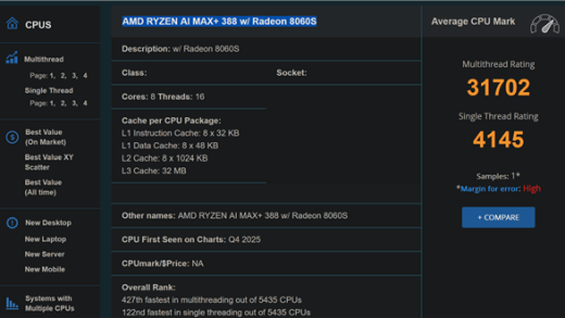 售价更亲民！AMD锐龙AI Max+ 388现身：旗舰同款Radeon 8060S