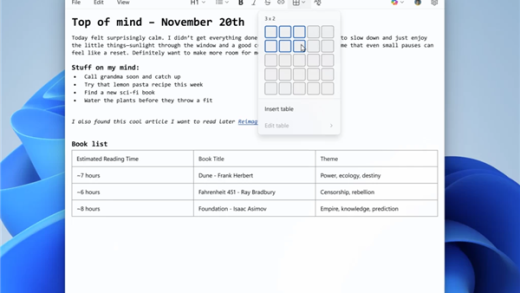 微软Windows记事本迎重磅新功能！可原生创建表格