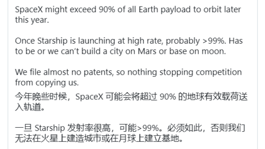 马斯克：SpaceX 今年将把全球 90% 以上有效载荷送入轨道