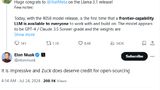 马斯克与扎克伯格终于对上眼了：AI 大模型 Llama 3.1 开源值得赞扬