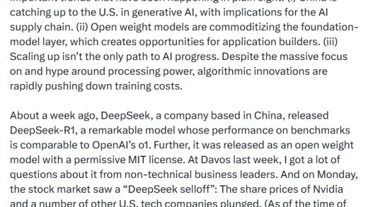 AI 科学家吴恩达长文盛赞 DeepSeek：中国正在生成式 AI 领域追赶美国