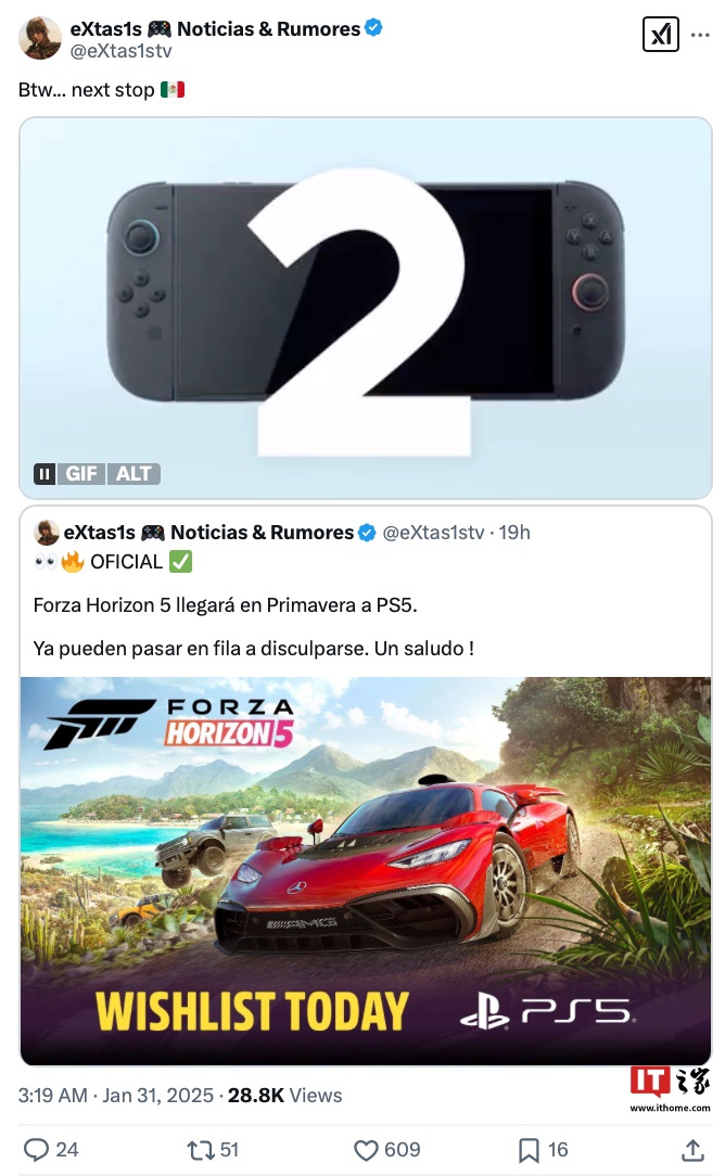 消息称微软《极限竞速：地平线 5》将登陆任天堂 Switch 2 平台