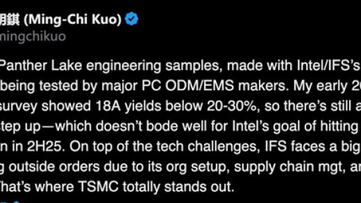 郭明錤：英特尔18A处理器良品率令人失望 目前仅20%无法量产