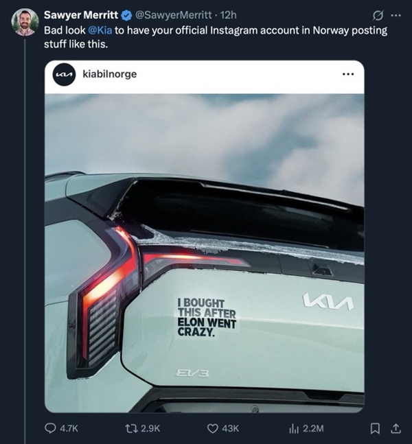 特斯拉遭同行背刺！起亚发帖称：这车是我在马斯克发疯后买的