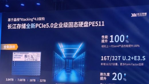 长江存储首款PCIe 5.0企业级SSD PE511：首次32TB、性能提升100％