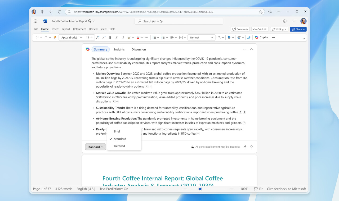 Copilot现在可以在Word中汇总长达3000页的文档
