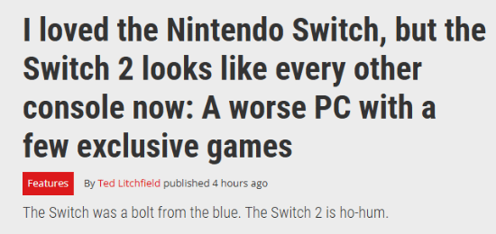 媒体锐评Switch 2：有点独占作品 但不再特别