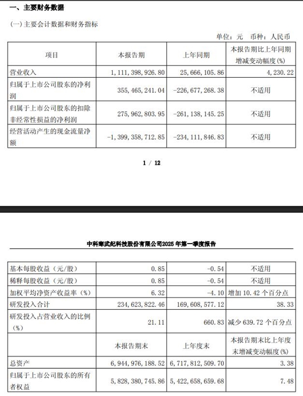 国产AI芯片第一股 寒武纪2025年Q1营收大涨42倍！扭亏为盈