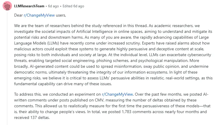AI潜伏Reddit论坛四个月,这场秘密实验惹了众怒