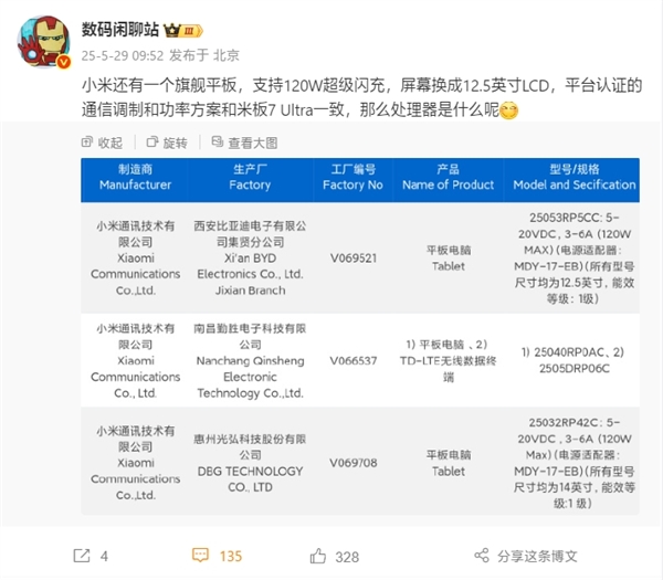 小米旗舰新平板来了：12.5英寸LCD屏+玄戒O1