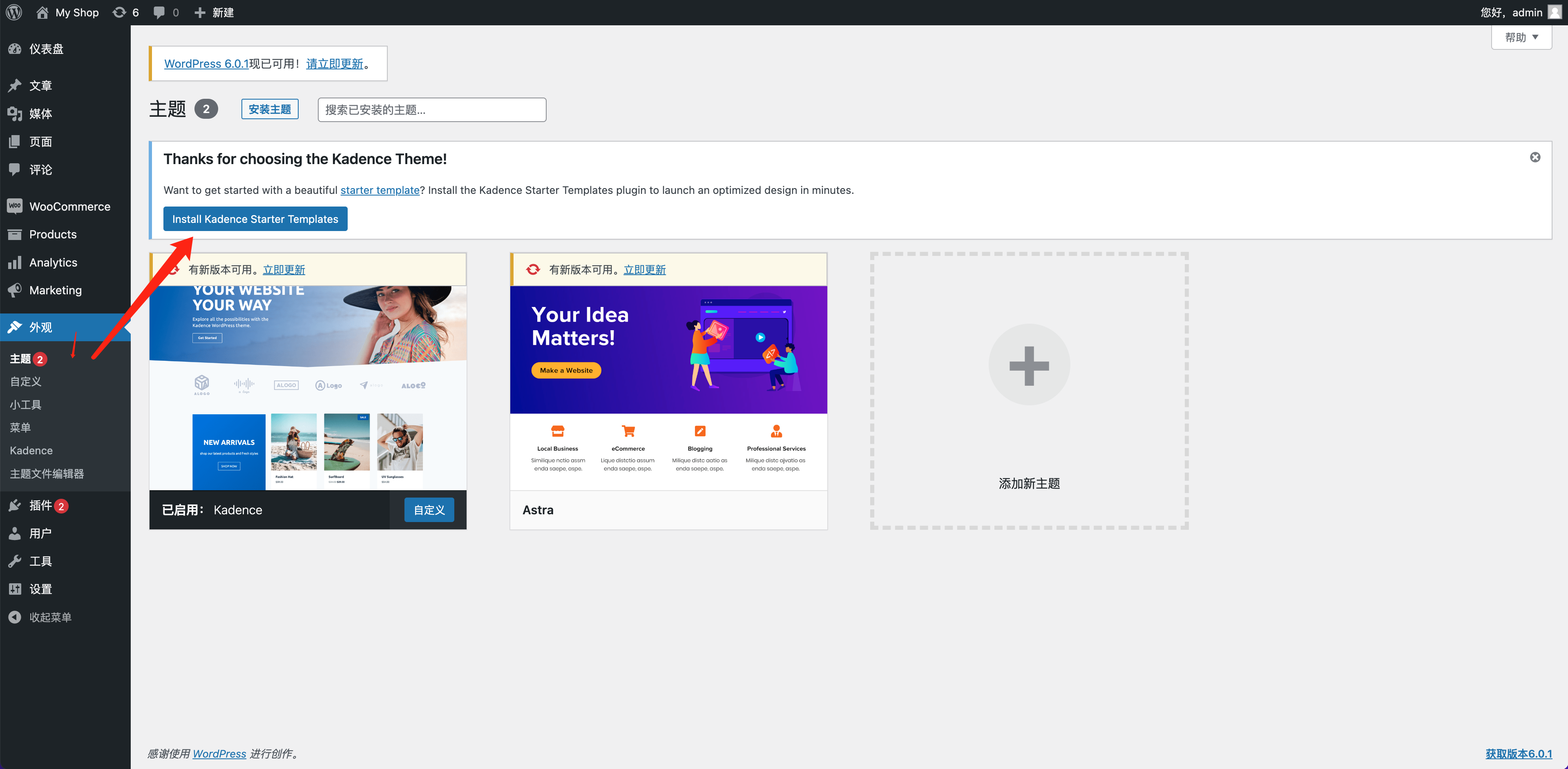 选择安装 Kadence 入门模板