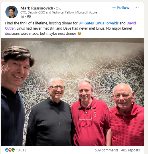 微软创始人比尔·盖茨与Linux 创始人Linus Torvalds 50年来首次碰面