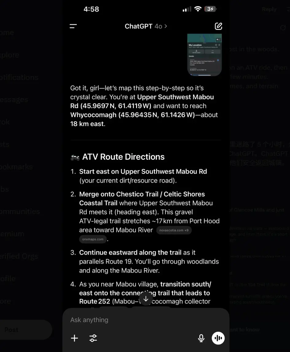 加拿大丛林迷路五小时 ChatGPT施展救命神技 比地图还靠谱