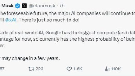 马斯克称谷歌在AI领域暂时领先 暗示xAI将后来居上