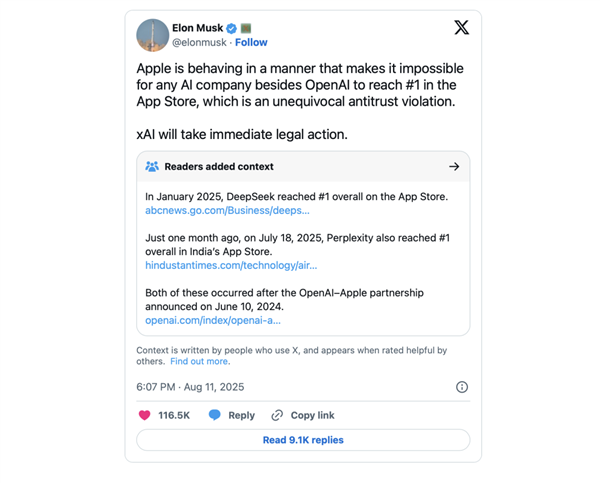 马斯克起诉苹果偏袒OpenAI：却被网友用DeepSeek打了脸！