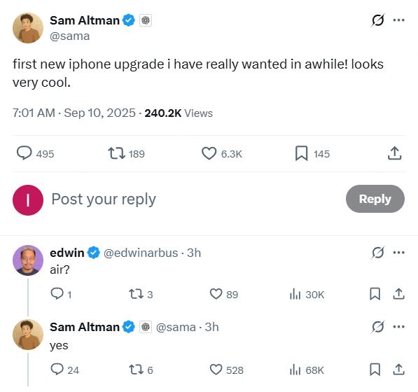 OpenAI CEO奥特曼点赞iPhone Air，分析师直呼：它只是苹果的试验品