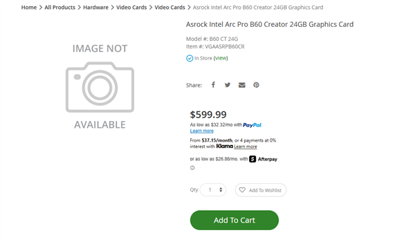 Intel锐炫Pro B60现身电商平台：24GB大显存不到4300元！还是现货