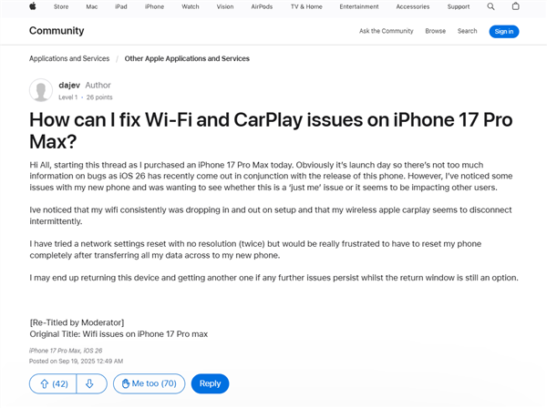 苹果iOS 26.0.1要来了：修复iPhone 17系列/Air的Wi-Fi断连、相机等问题
