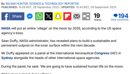 美国NASA局长：2035前将在月球上建一个村庄
