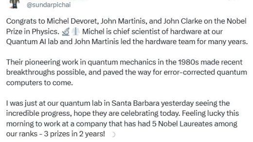 Google连续收获诺贝尔奖 AI拿下去年化学奖 量子计算拿下今年物理学奖