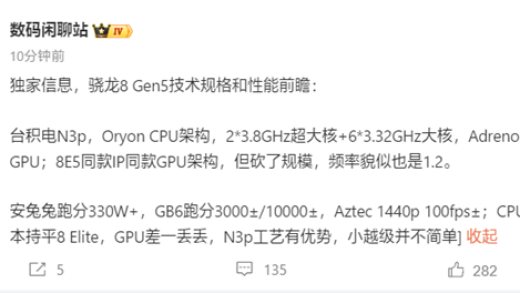 一加全球首发！高通骁龙8 Gen5规格揭晓：跑分破330万