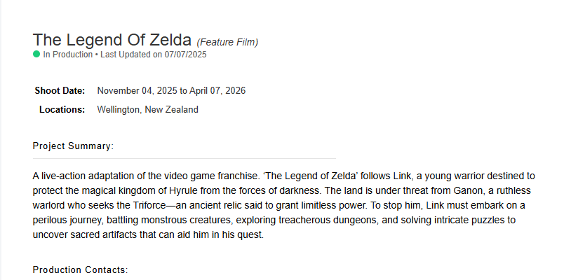 传《塞尔达传说》真人电影已开机！上映计划不变